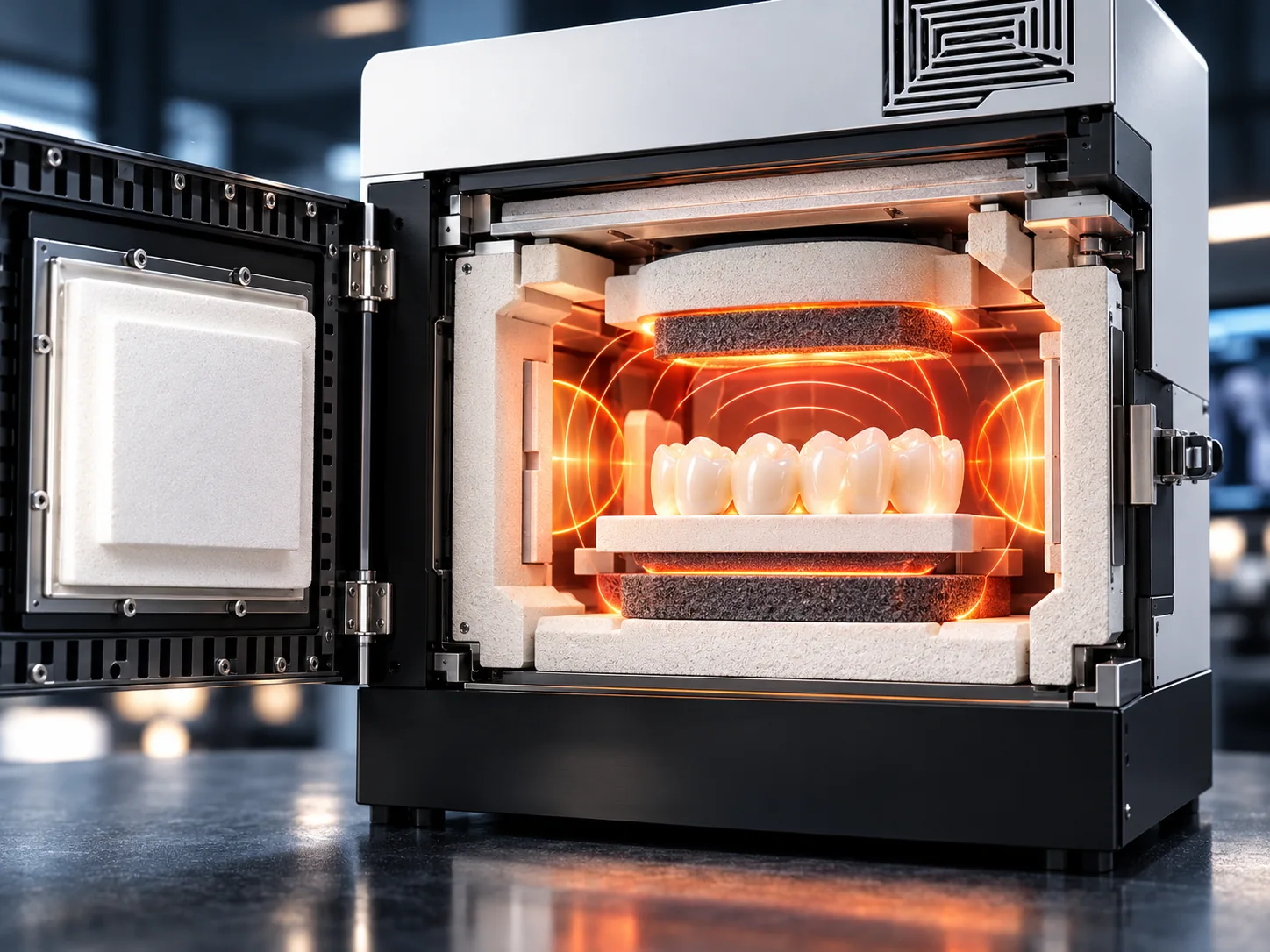 Illustrierte Sinterkammer mit keramischem Werkstück und erhöhter Temperatur