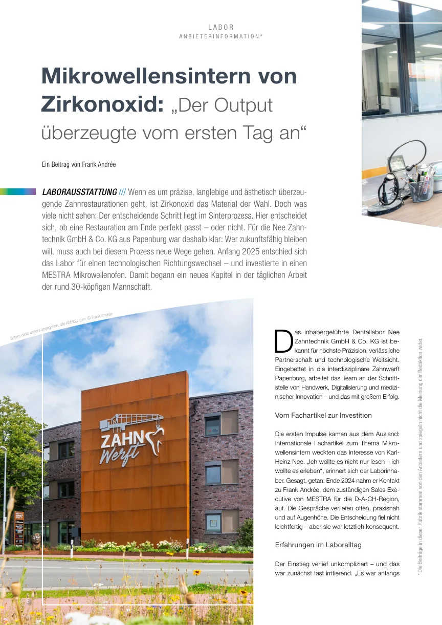 Titelseite des ZWL-Fachartikels über Mikrowellensintern bei Nee Zahntechnik